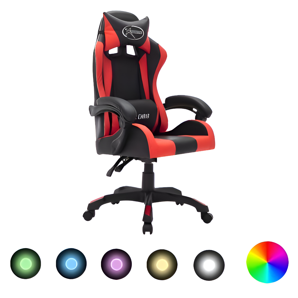 Gaming-Stuhl mit rot-schwarzem Design. Er hat eine Kopfstütze, Armlehnen und ein Rollgestell. Sechs Lichtoptionen.