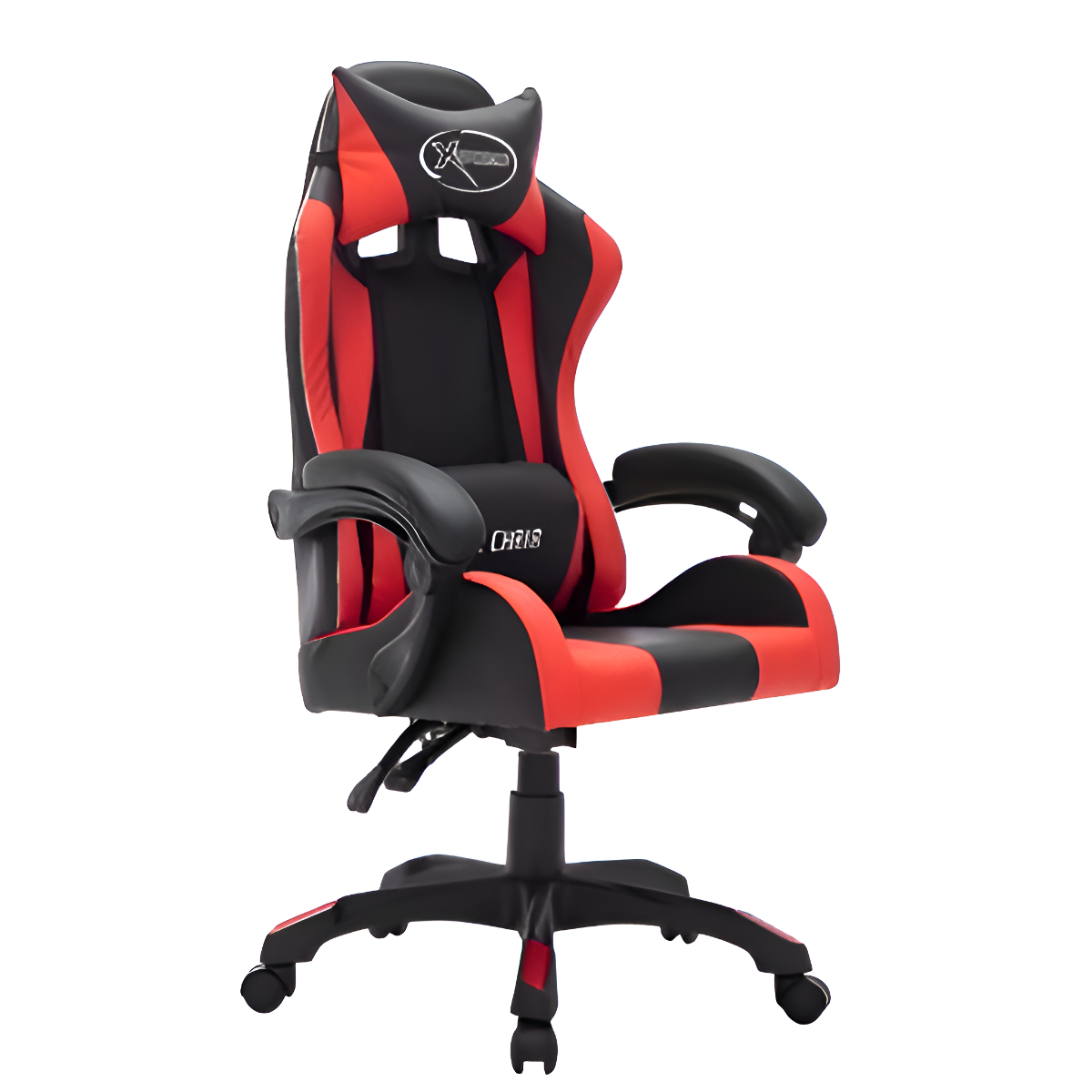 Gaming-Stuhl mit rotem und schwarzem Design. Er hat eine Kopfstütze und Armlehnen.