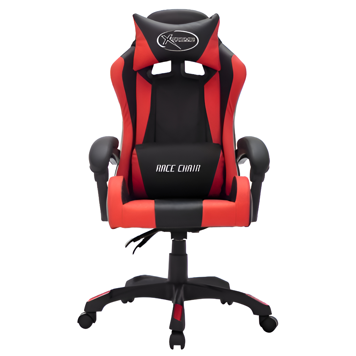 Ein rot-schwarzer Gaming-Stuhl. Auf der Rückenlehne des Stuhls steht „RACE CHAIR“.