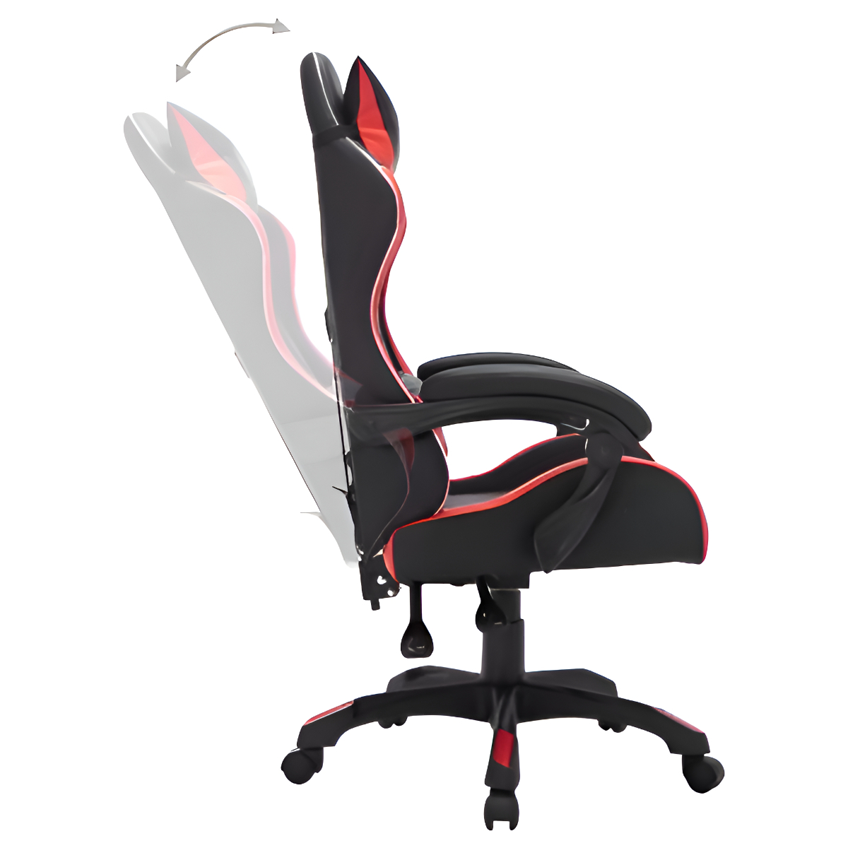 Gaming-Stuhl. Schwarz und rot, mit verstellbarer Rückenlehne. Weißer Hintergrund.