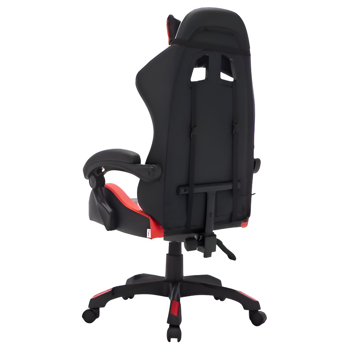 Gaming-Stuhl, schwarz und rot, Rückansicht. Weißer Hintergrund.