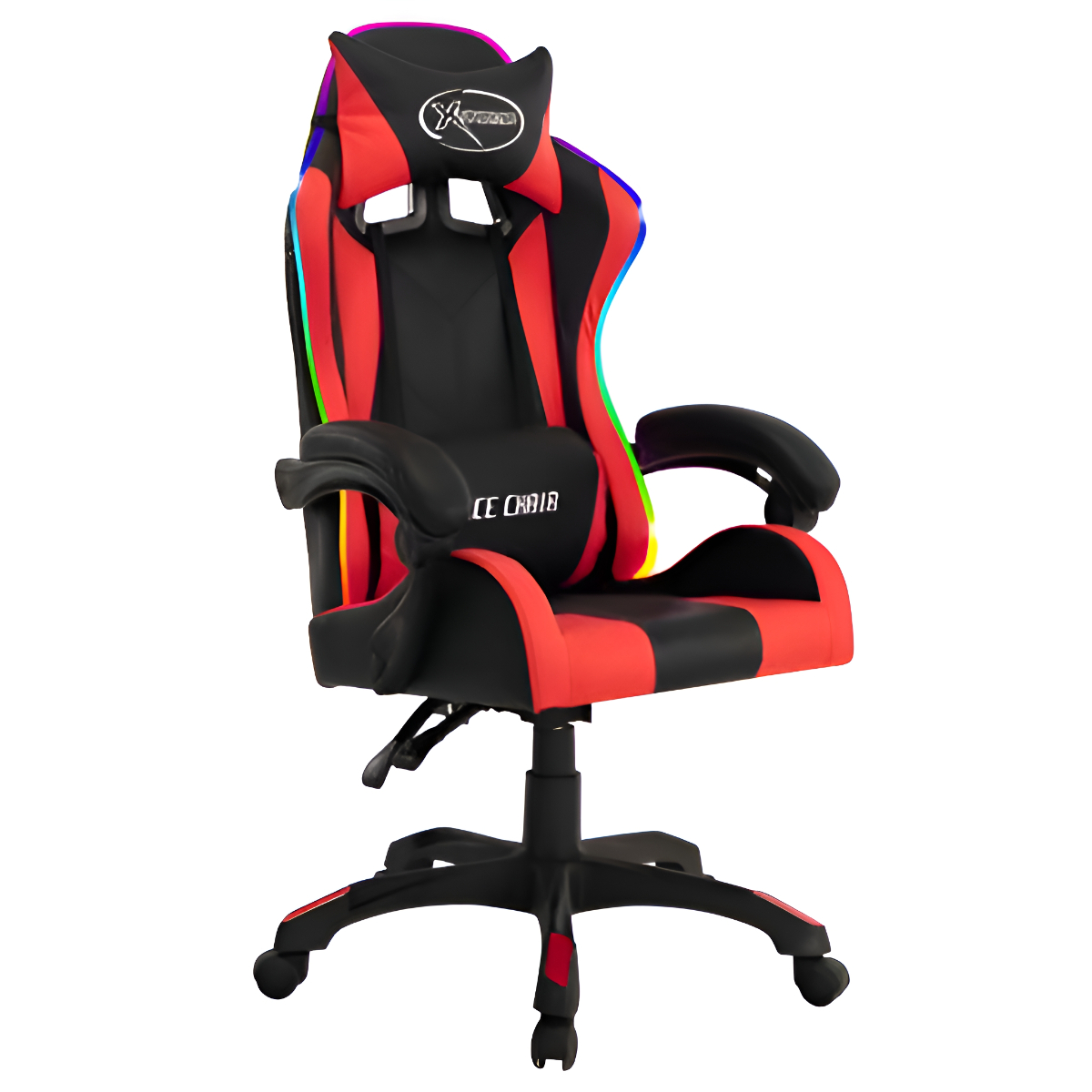 Roter und schwarzer Gaming-Stuhl mit RGB-Beleuchtung und dem Text 'XC CHAIR'.