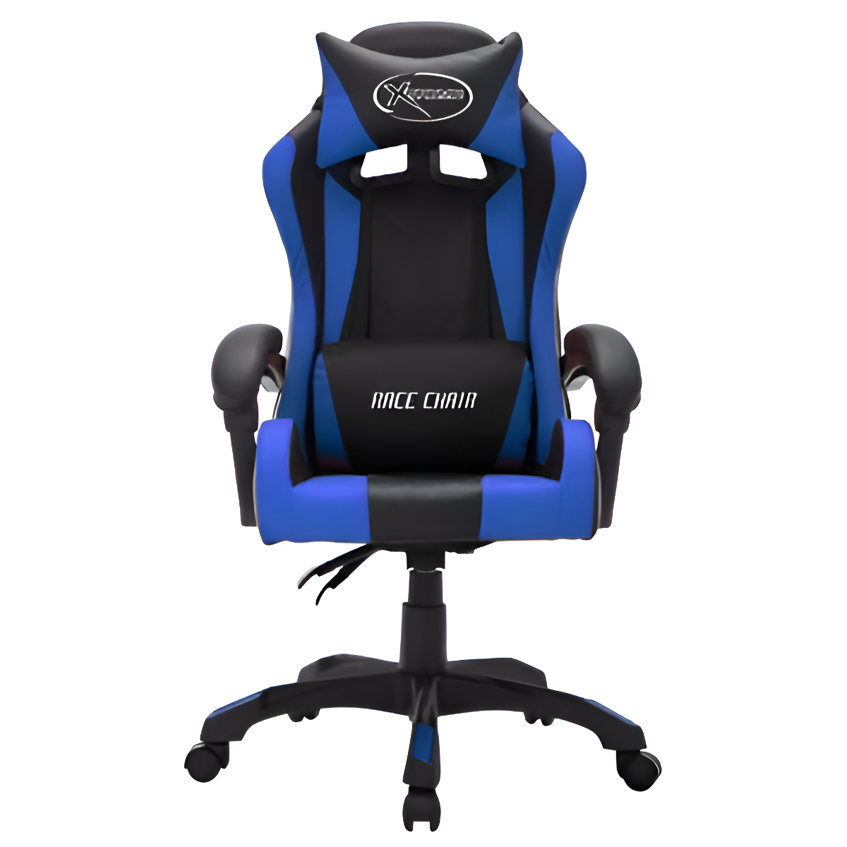 Blau-schwarzer Gaming-Stuhl. Hat eine Kopfstütze und Lendenwirbelstütze. Steht auf einem schwarzen Sockel mit Rollen.