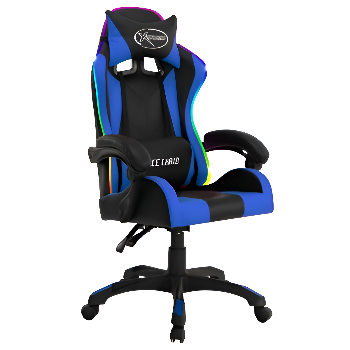 Gaming-Stuhl mit blauem und schwarzem Farbschema und RGB-Beleuchtung. Der Hintergrund ist weiß.