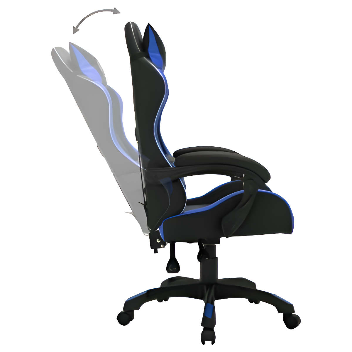 Schwarz-blauer Gaming-Stuhl, Neigungsverstellung zeigend, isoliert auf weißem Hintergrund.