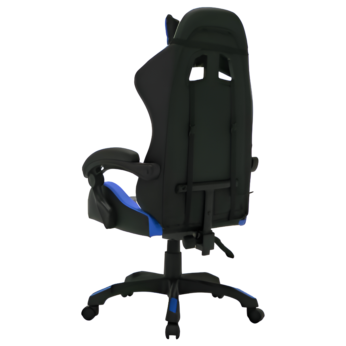 Gaming-Stuhl, schwarz mit blauen Akzenten. Der Rücken ist hoch. Es ist auf weißem Hintergrund.
