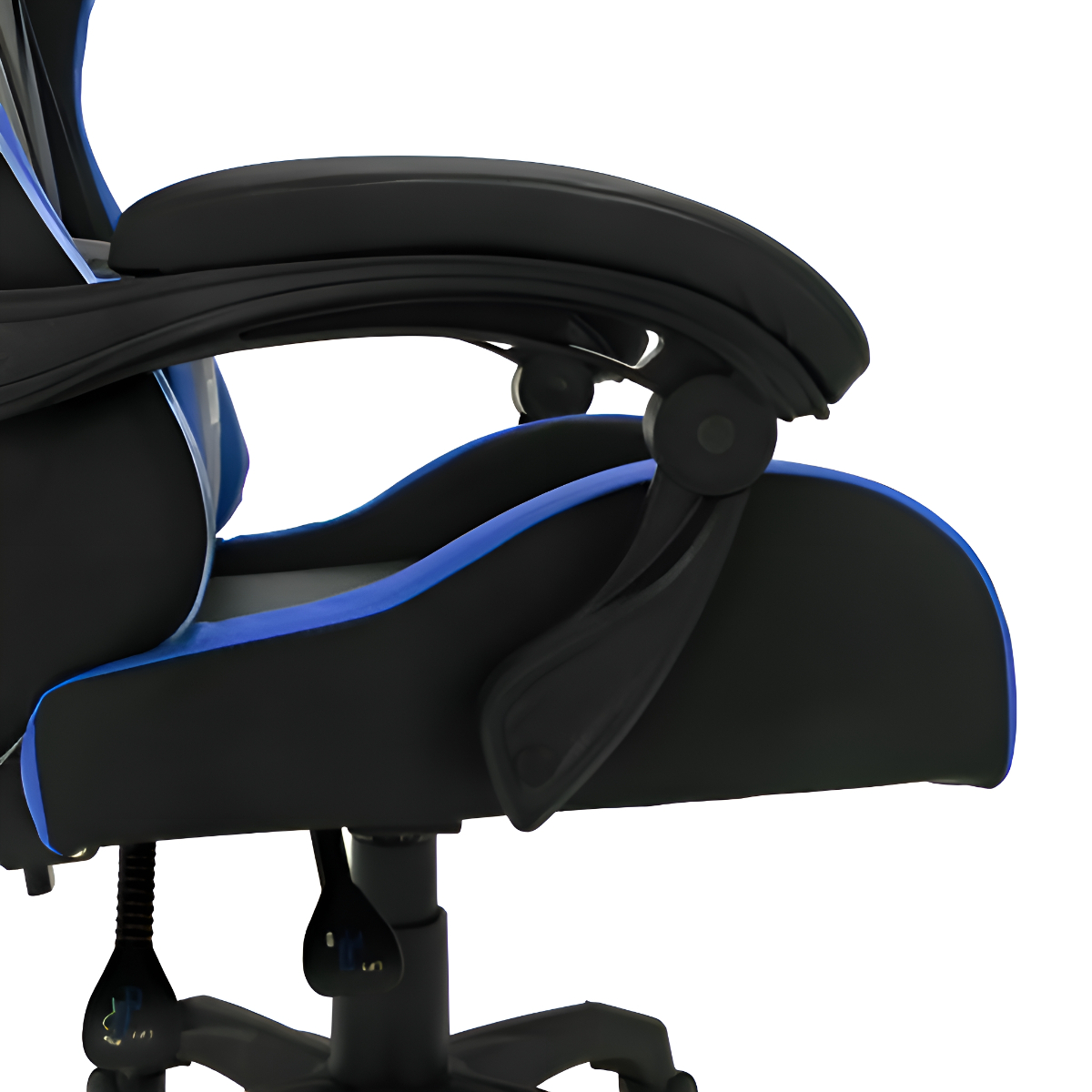 Seitenansicht des Gaming-Stuhls, schwarz und blau, mit verstellbarer Armlehne.