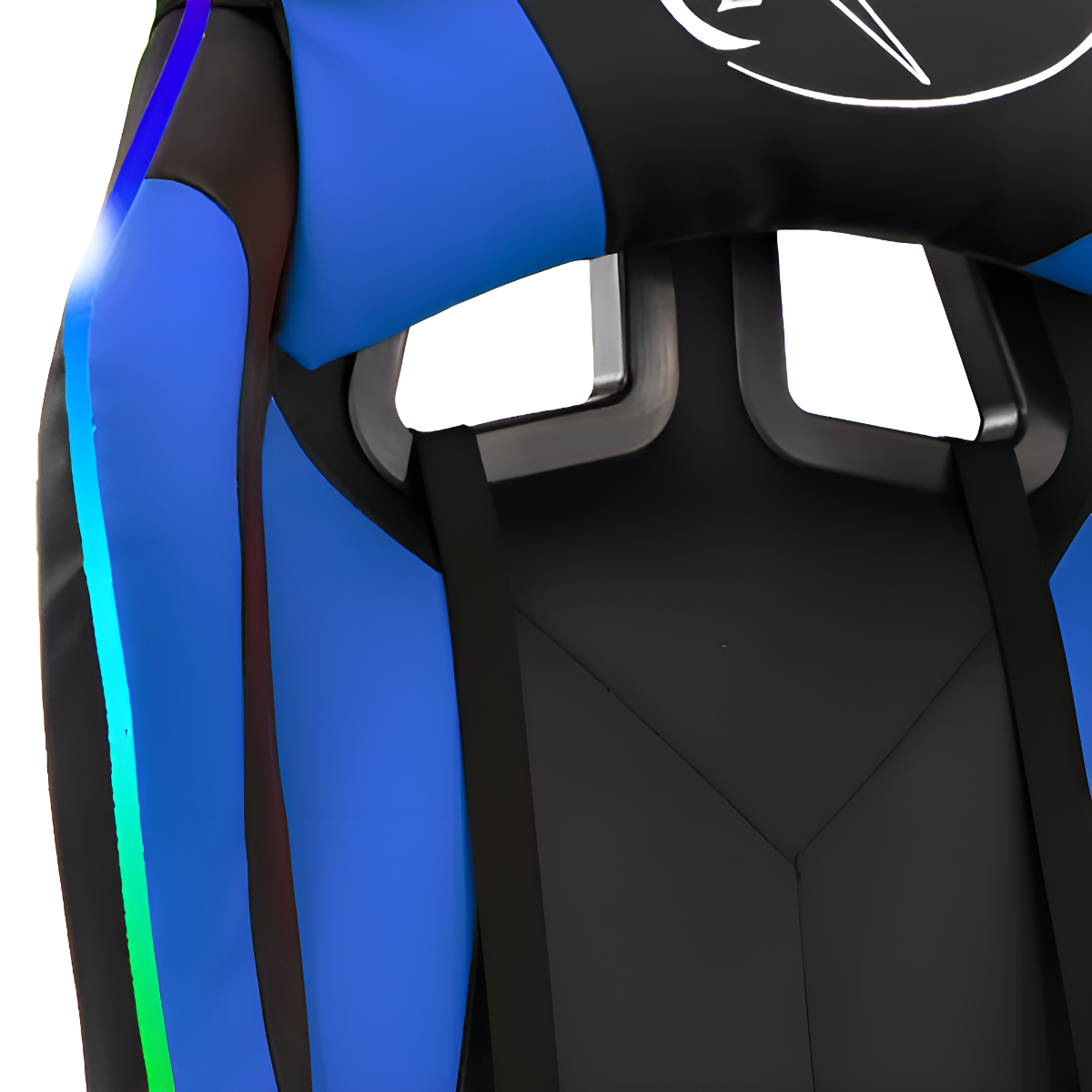 Gaming-Stuhlrücken mit blauem und schwarzem Design, sichtbaren Gurten und weißem Logo oben.
