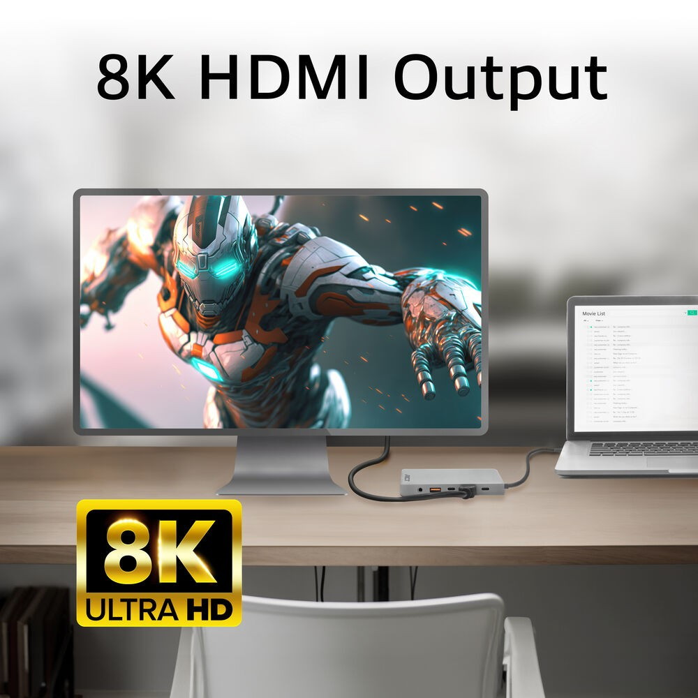 Un moniteur affichant une scène futuriste, connecté à un ordinateur portable via un hub. Texte : Sortie HDMI 8K.