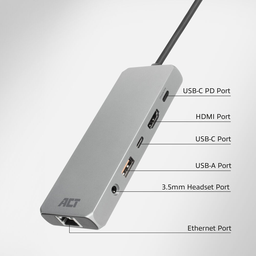 Un hub USB argenté avec plusieurs ports. Les ports étiquetés incluent USB-C, HDMI et Ethernet.