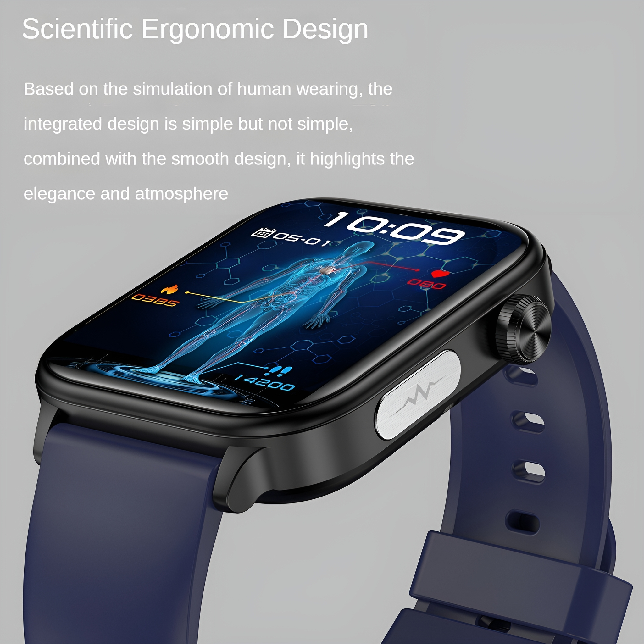 Smartwatch zeigt ein digitales menschliches Körpermodell, Zeit und Aktivitätsdaten.