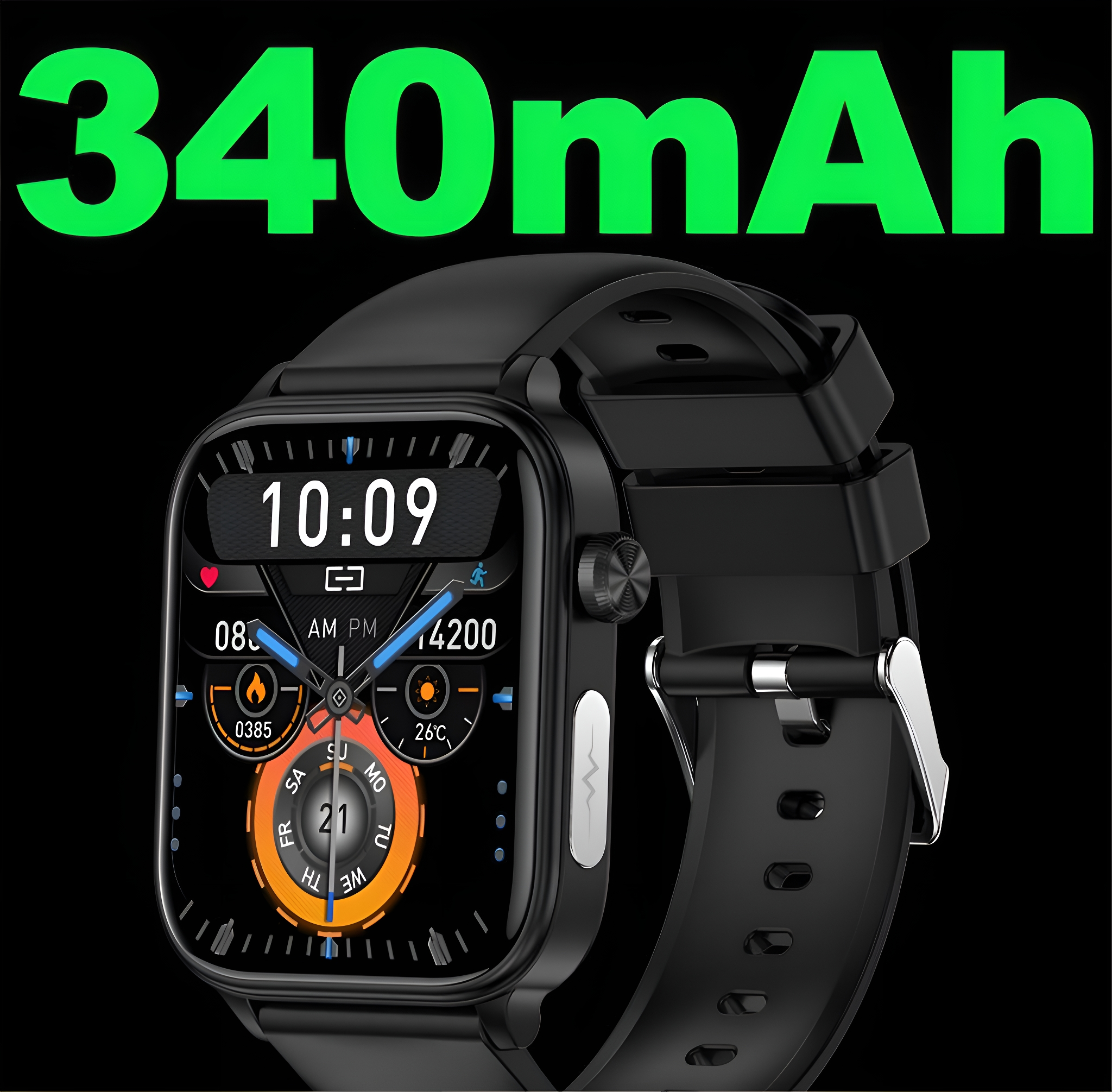 Eine schwarze Smartwatch, die Zeit und Gesundheitsdaten anzeigt, mit großem grünem '340mAh' darüber.