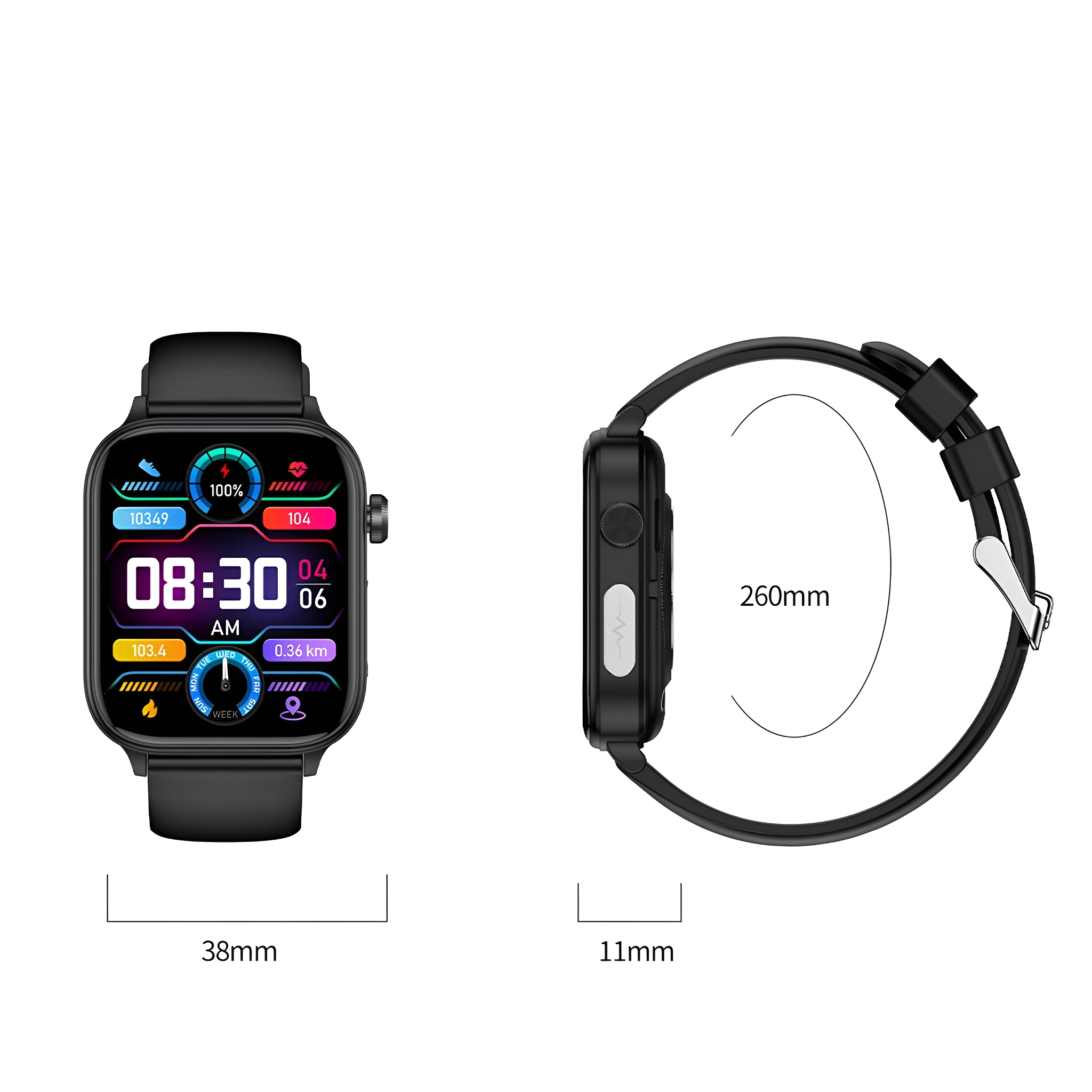 Schwarze Smartwatch mit Anzeige von Zeit und Metriken, Seitenansicht mit Abmessungen.