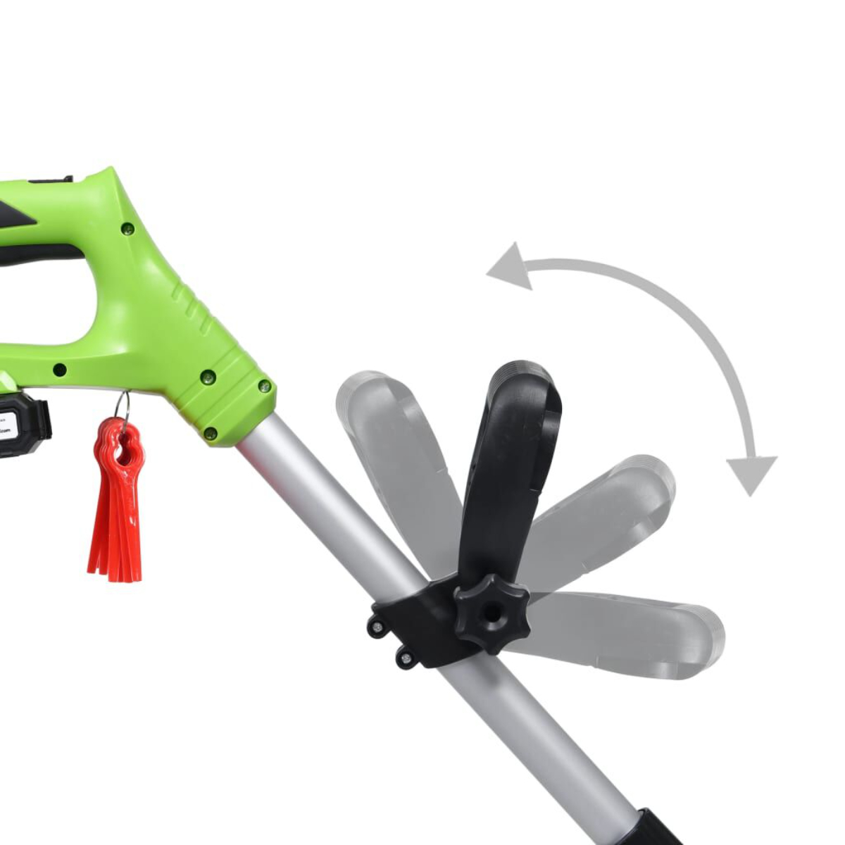 Grüner und silberner Trimmer mit verstellbarem Griff, Pfeile zeigen Bewegung.