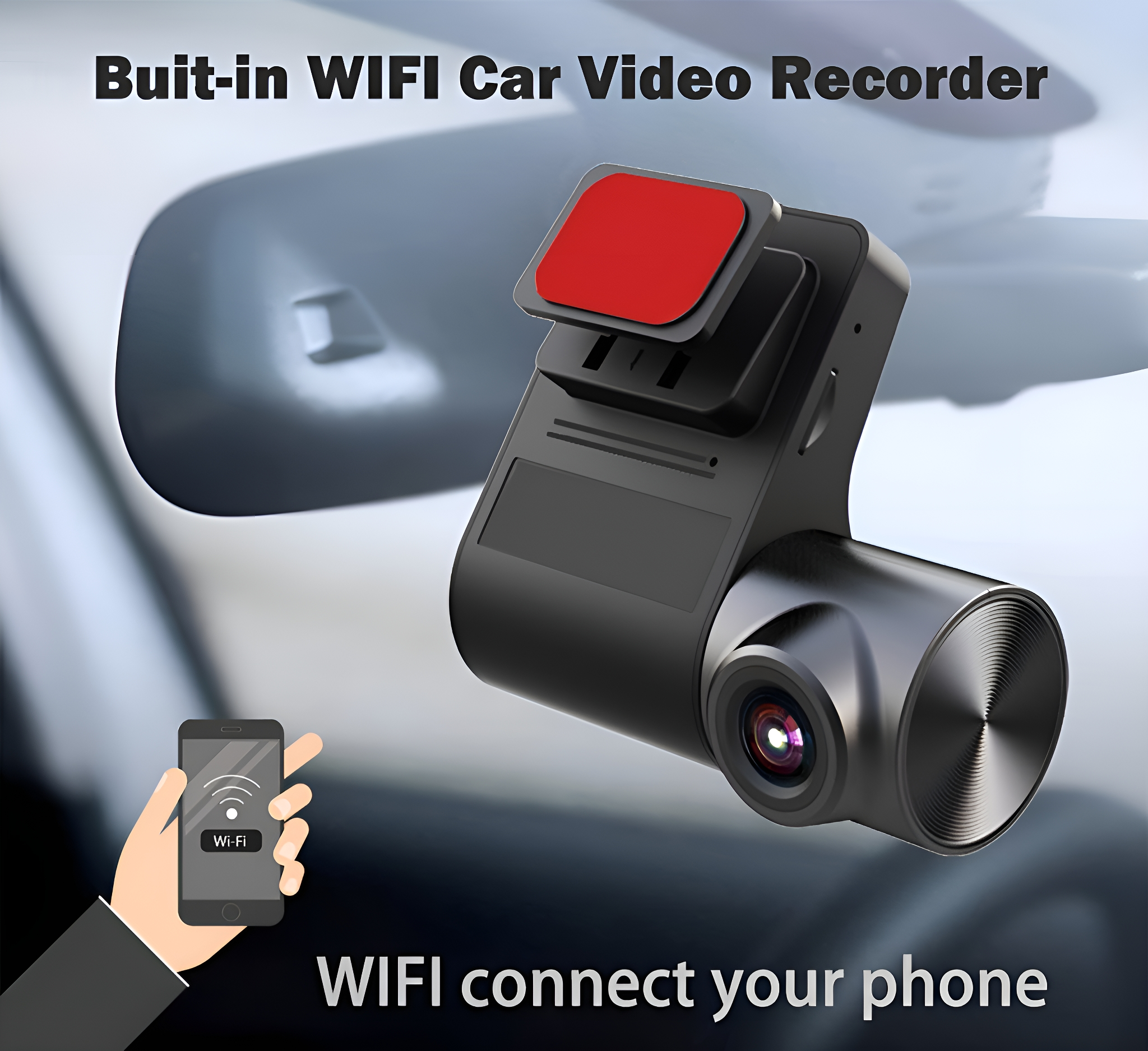 Schwarze Dashcam in einem Auto. Ein Telefon zeigt ein WLAN-Signal. Eine Hand hält das Telefon.
