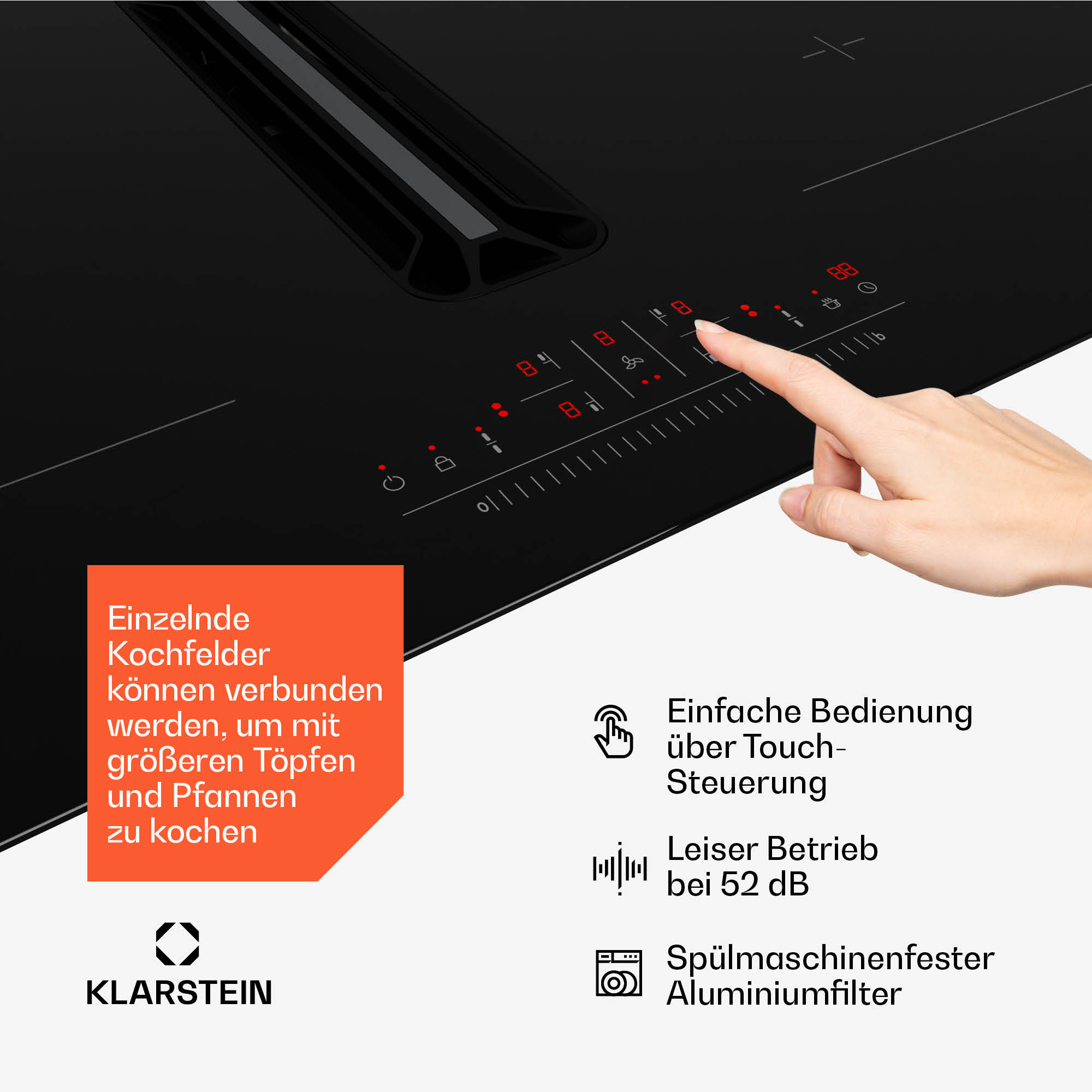 Un piano cottura nero con comandi touch. Una mano sta toccando i comandi. Testo e icone vengono visualizzati.