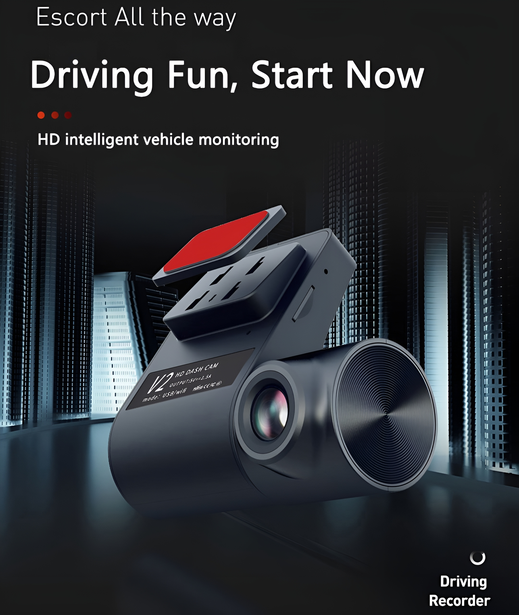 Schwarze Armaturenbrett-Kamera mit rotem Klebepad. Text: Driving Fun, Start Now. Hintergrund: Stadt.