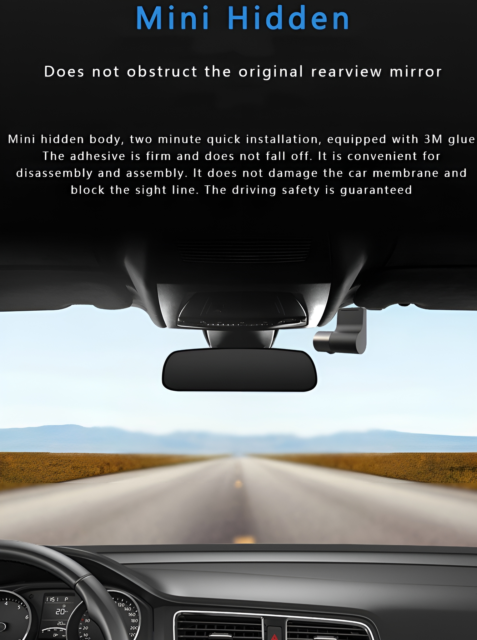Innenansicht des Autos mit einer montierten Armaturenbrett-Kamera. Die Straße ist in der Mitte. Die Dashcam ist klein und schwarz.