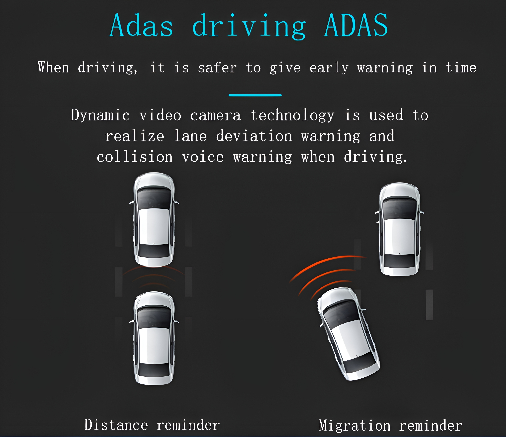 Diagramm, das Autos mit ADAS zeigt, einschließlich Spurverlassens- und Kollisionswarnungen.