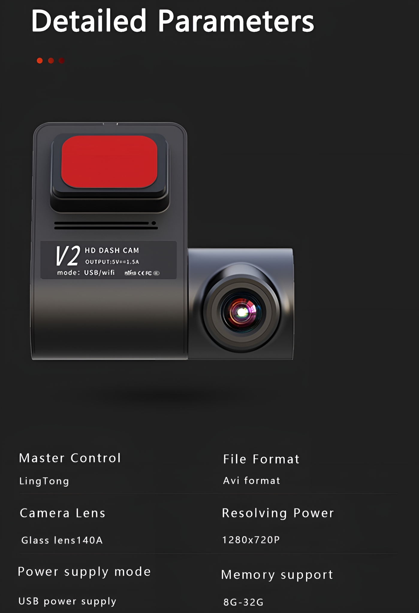 Schwarze Dashcam mit roter Taste. Listet Spezifikationen auf: HD-Dashcam, USB/WiFi-Modus, 1280x720P Auflösung.