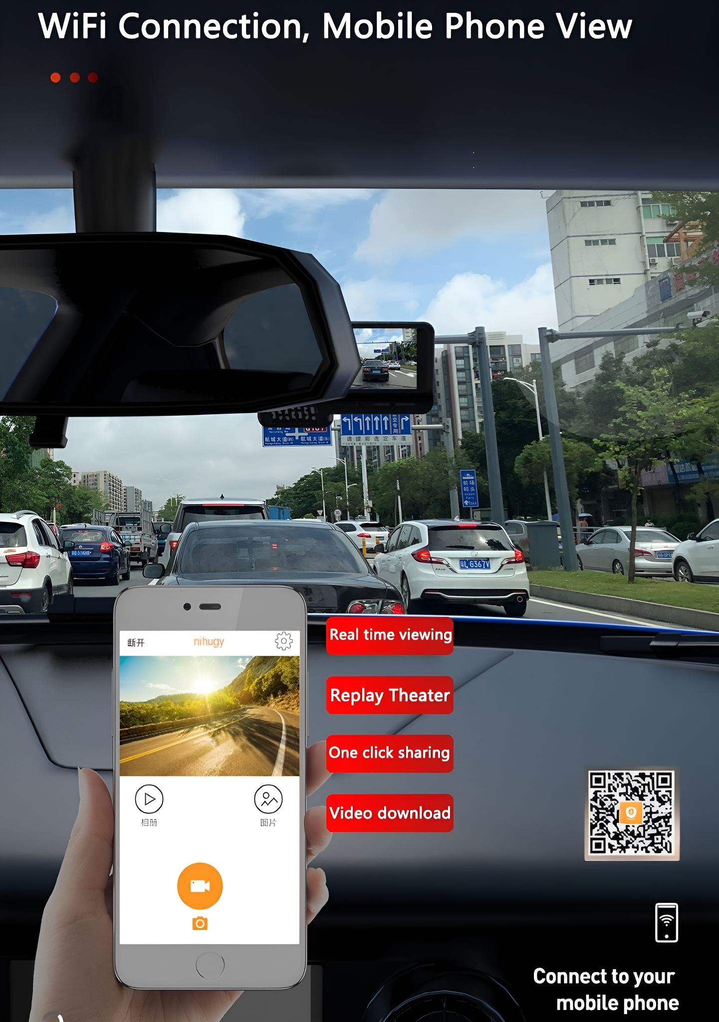 Autoinnenraum mit Telefonbildschirm mit Navigation und Kameraansicht. Andere Autos im Hintergrund.