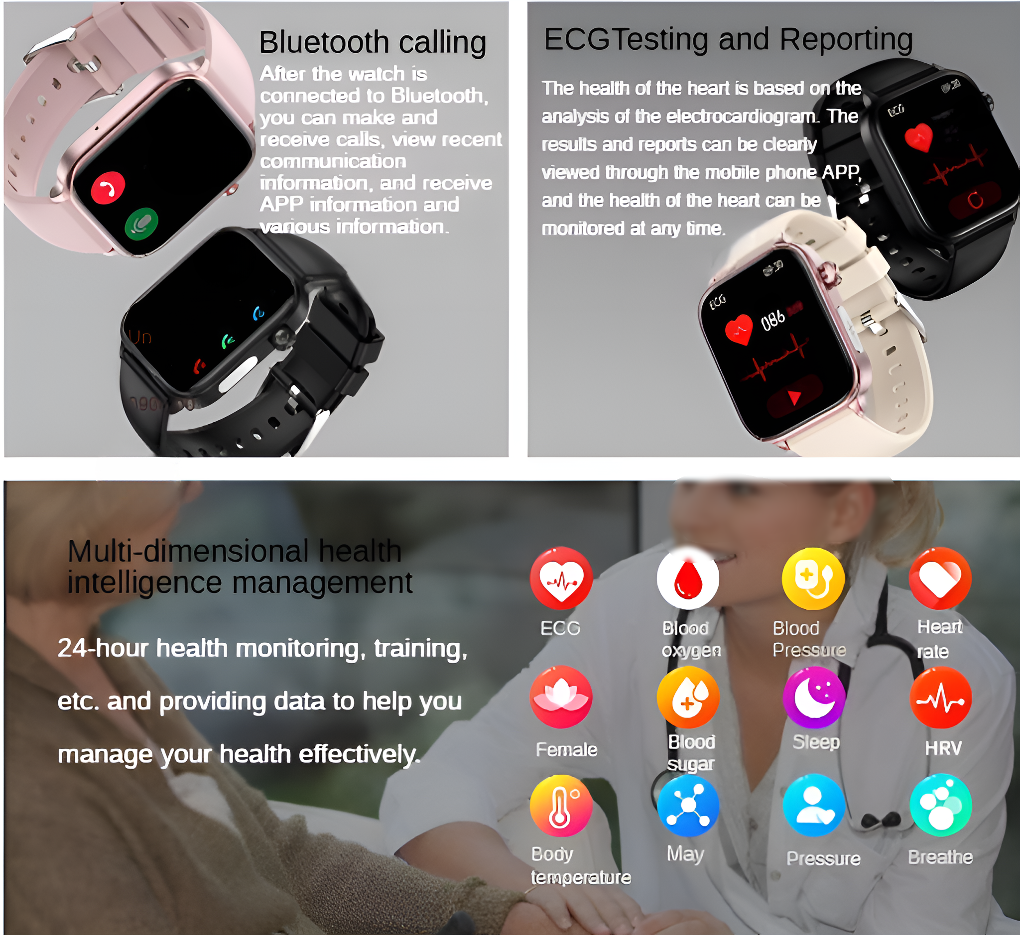 Smartwatches mit schwarzen und rosa Armbändern, die Anrufe und Gesundheitsdaten anzeigen.