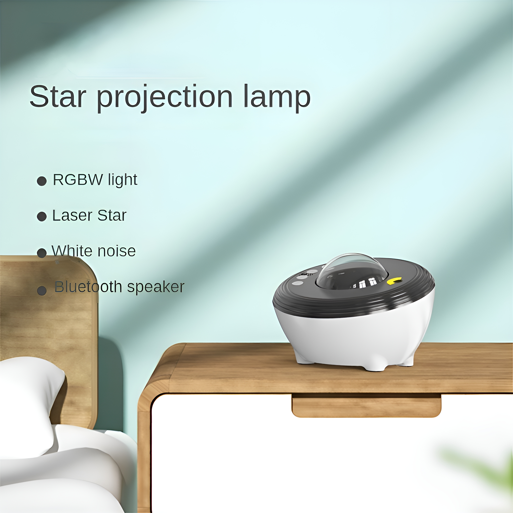 Sternprojektorlampe. Sie ist weiß und schwarz mit einer Kuppel. Text sagt: RGBW-Licht und Bluetooth-Lautsprecher.