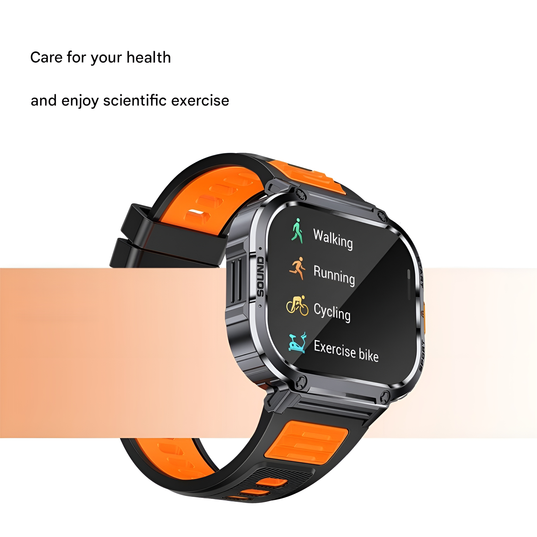 Eine Smartwatch mit schwarzem und orangefarbenem Armband. Der Bildschirm zeigt Trainingsoptionen: Gehen, Laufen, Radfahren, und Rad.