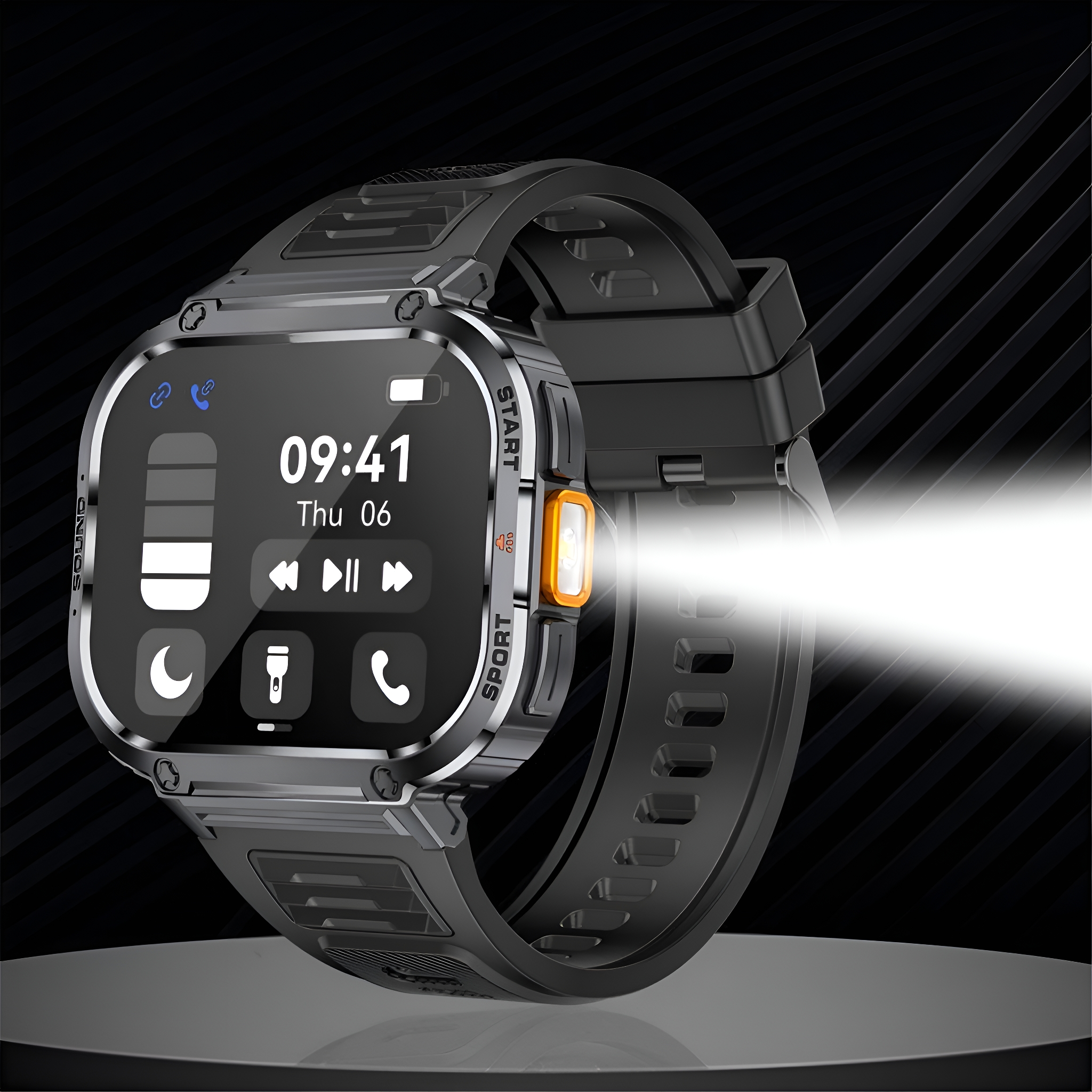 Schwarze Smartwatch mit schwarzem Armband, Zeit wird angezeigt. Orangefarbener Knopf.