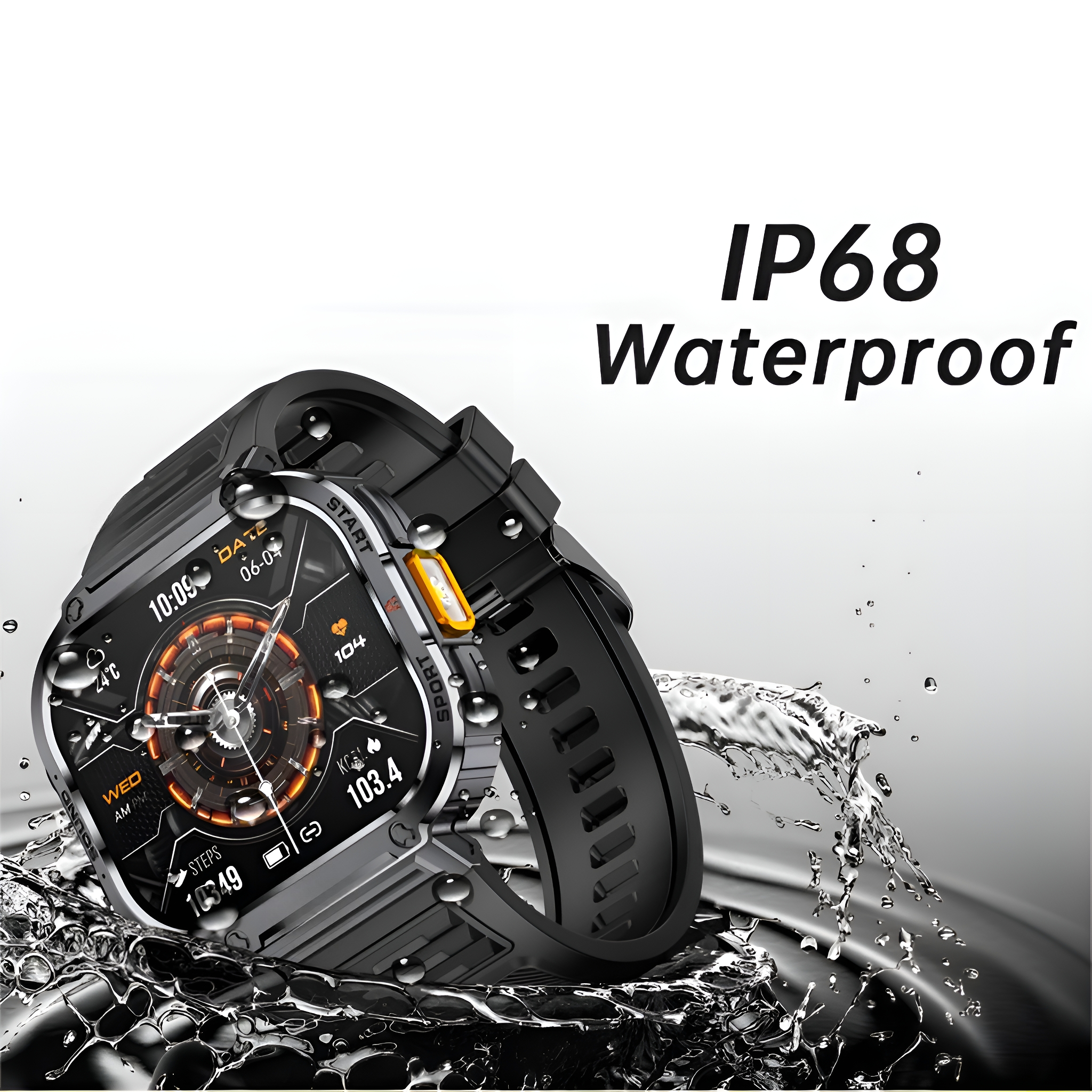 Schwarze Smartwatch mit Wassertropfen, IP68 wasserdicht. Uhr zeigt Datum und Uhrzeit.