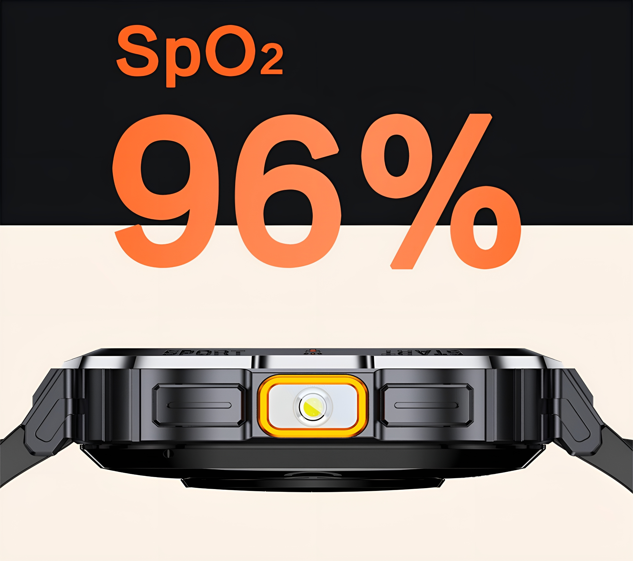 Eine Smartwatch zeigt einen Blutsauerstoffgehalt von 96% auf einer schwarz-silbernen Uhr an.
