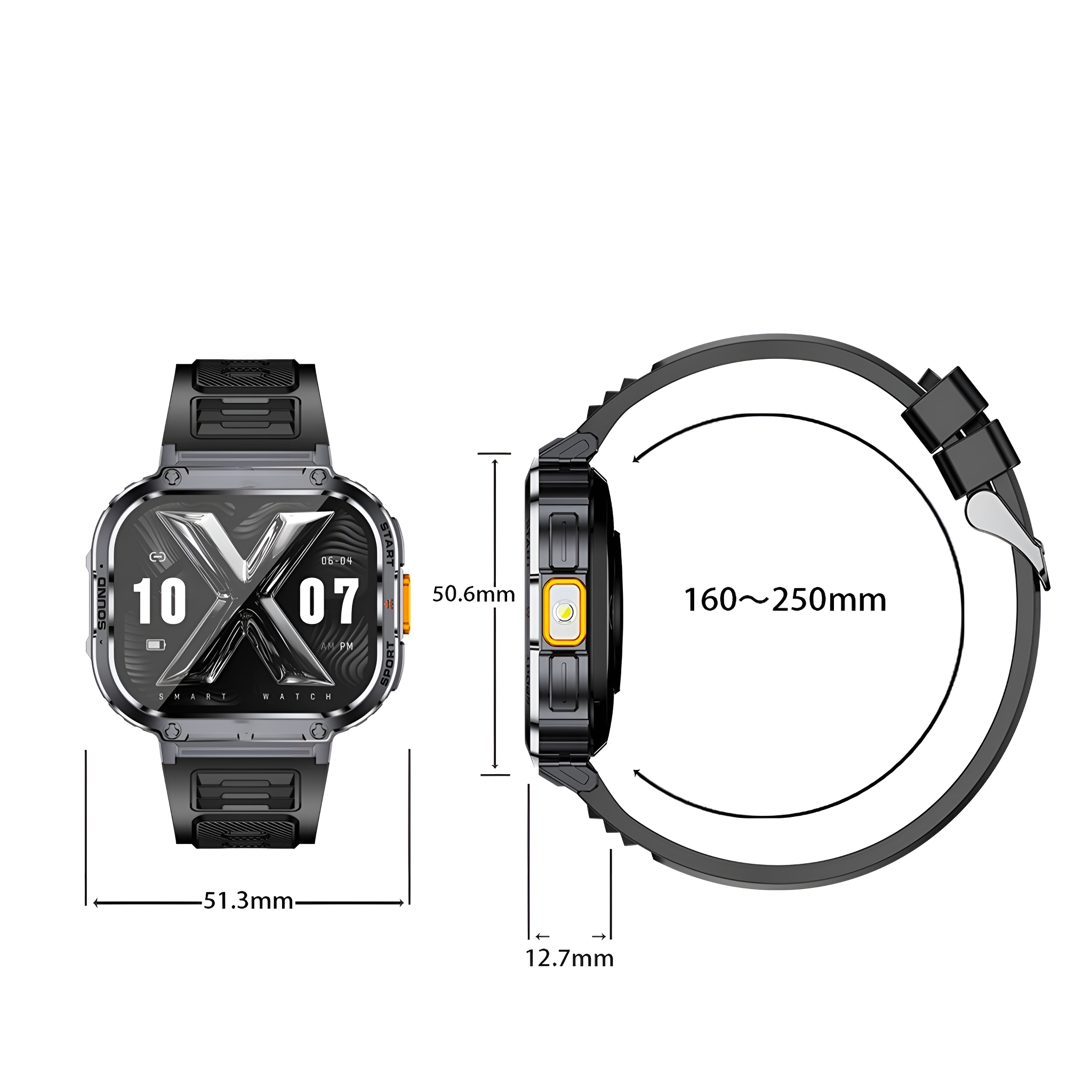 Smartwatch mit schwarzem Armband, zeigt Zeit und Metriken. Seitenprofil zeigt Dimensionsdetails und Messungen.