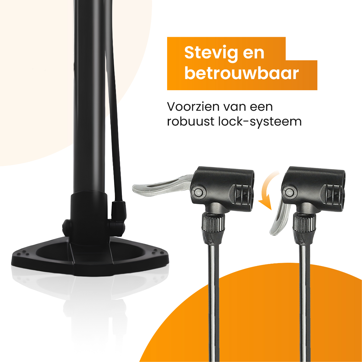 Air pump with two connectors. Black and silver color scheme, white background.
