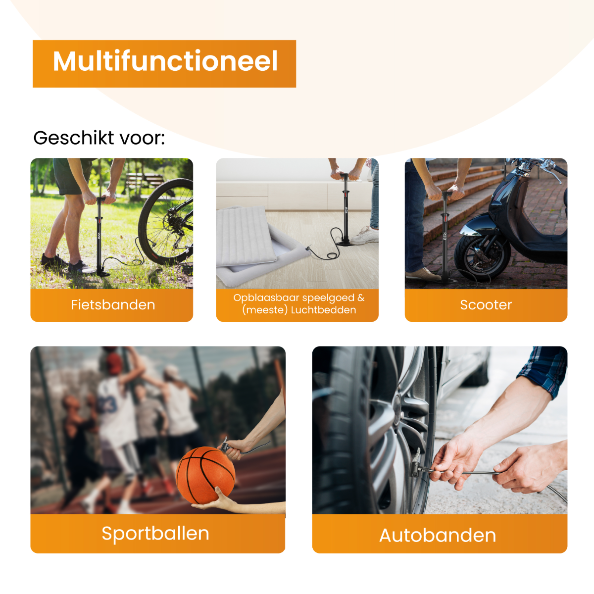 Multi-functional pump used for bike tires, inflatable toys, scooters and car tires.