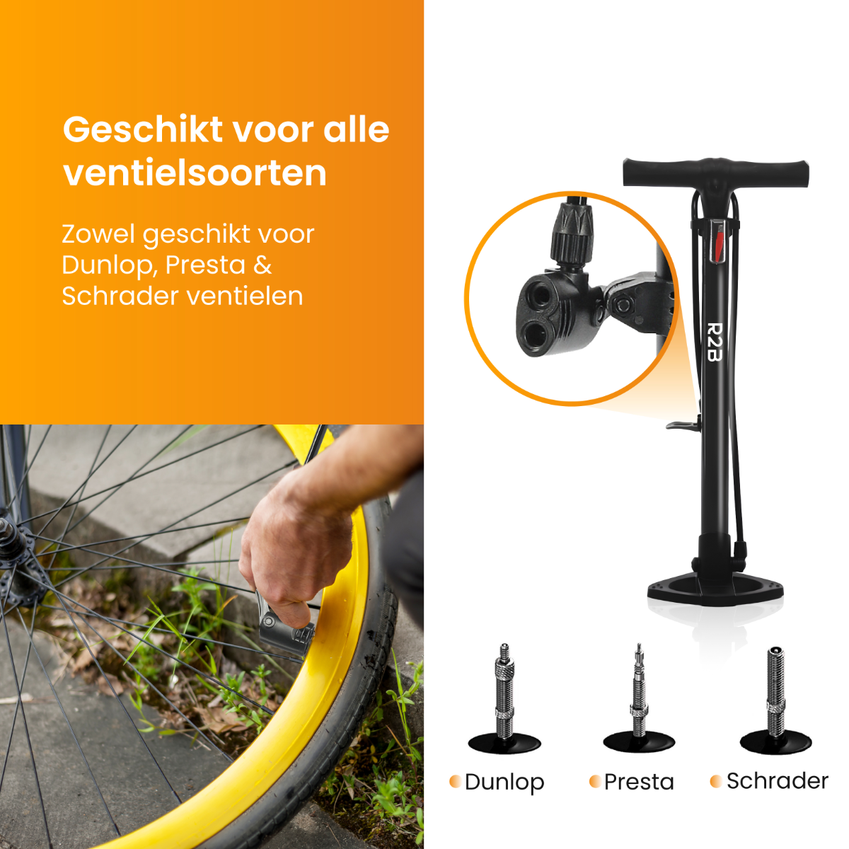A bicycle pump with a gauge, and examples of valve types on a yellow wheel.