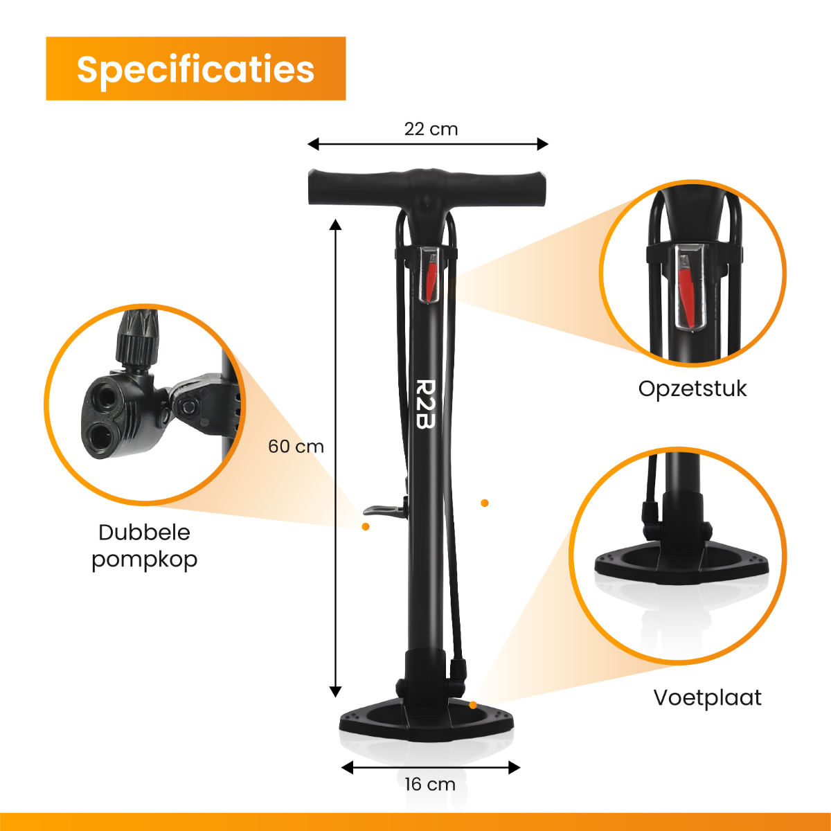 A black bicycle pump with measurements. Showed are: a handle, a pump head, and a footplate.