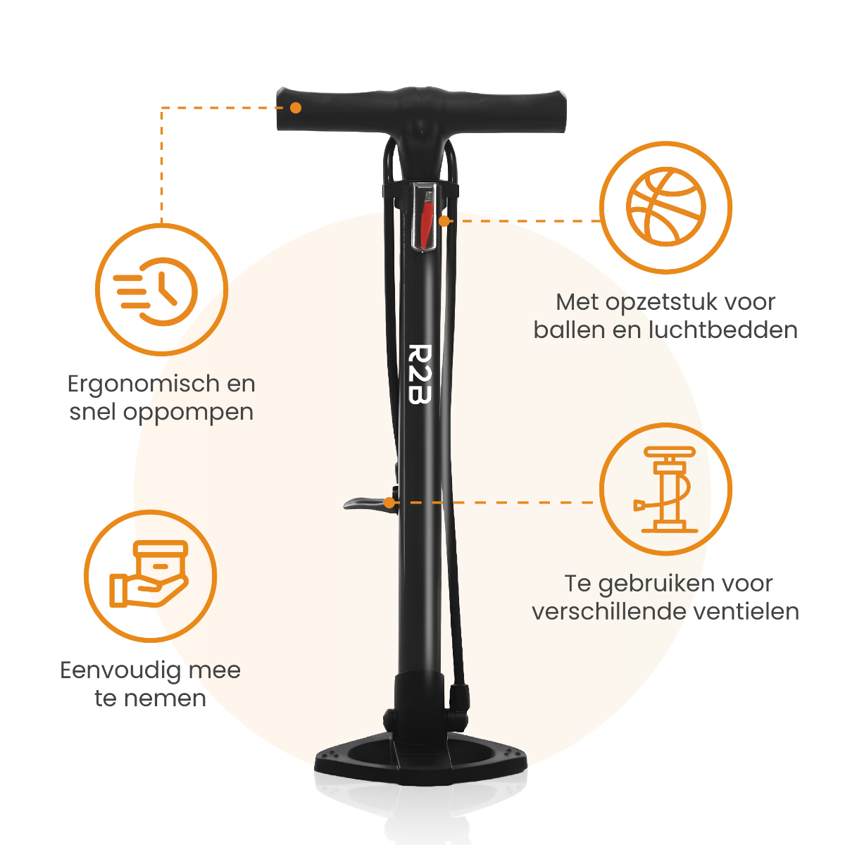 Black and silver R2B bicycle pump with orange accents, surrounded by informational icons and text in Dutch.
