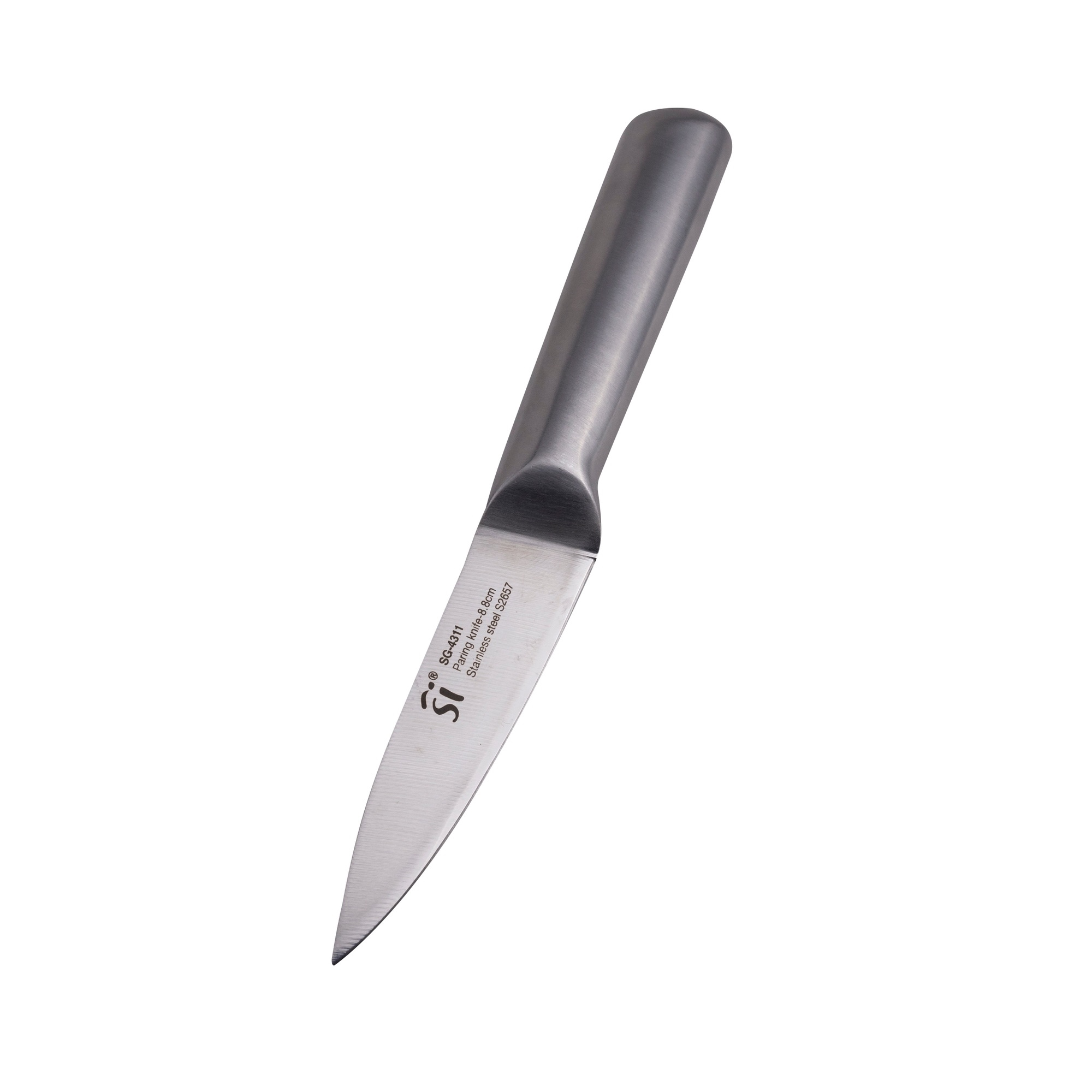 Un cuchillo para pelar de acero inoxidable con una hoja afilada, sobre una superficie blanca.