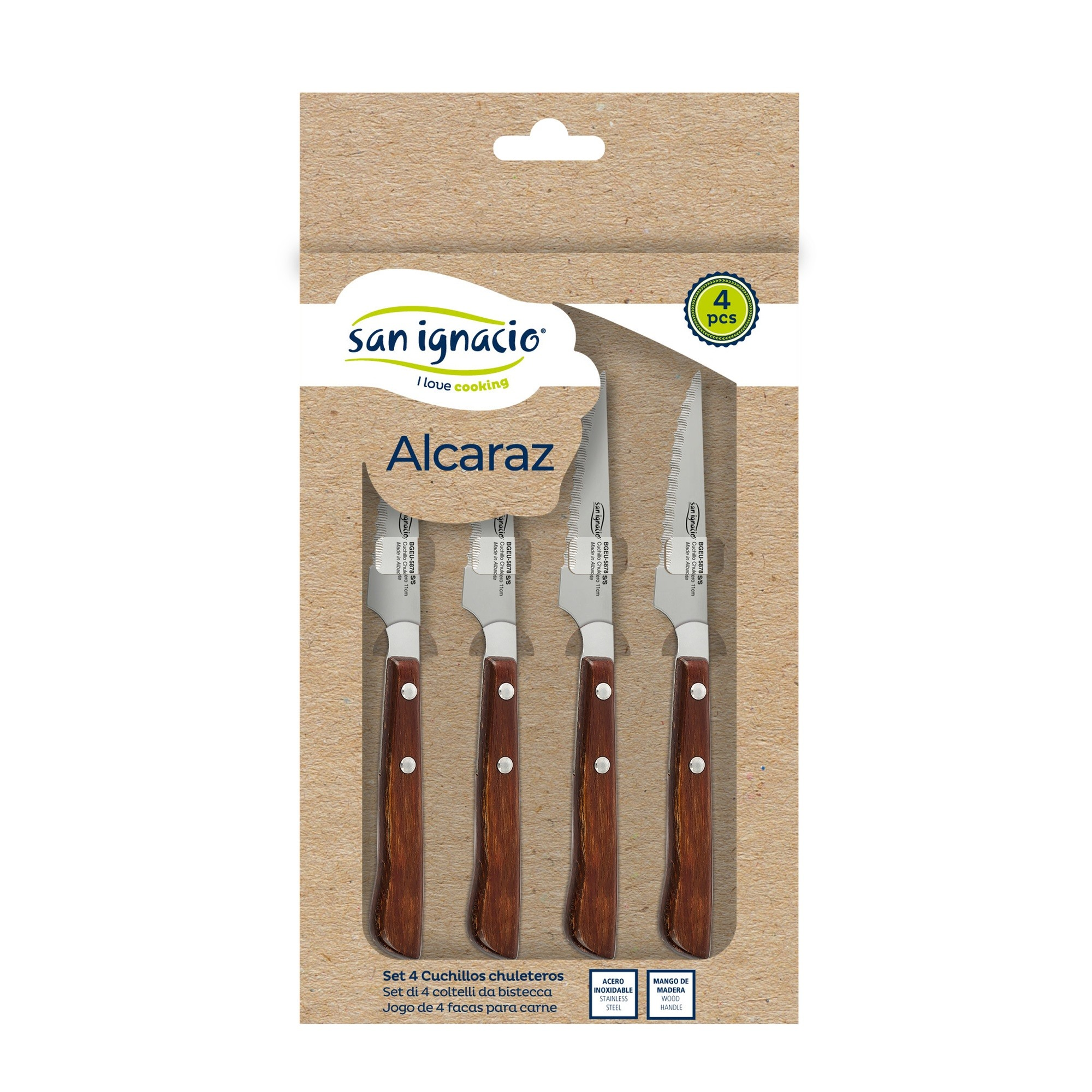 Cuatro cuchillos para bistec en un paquete de cartón. Cuchillos con mangos marrones y hojas dentadas.