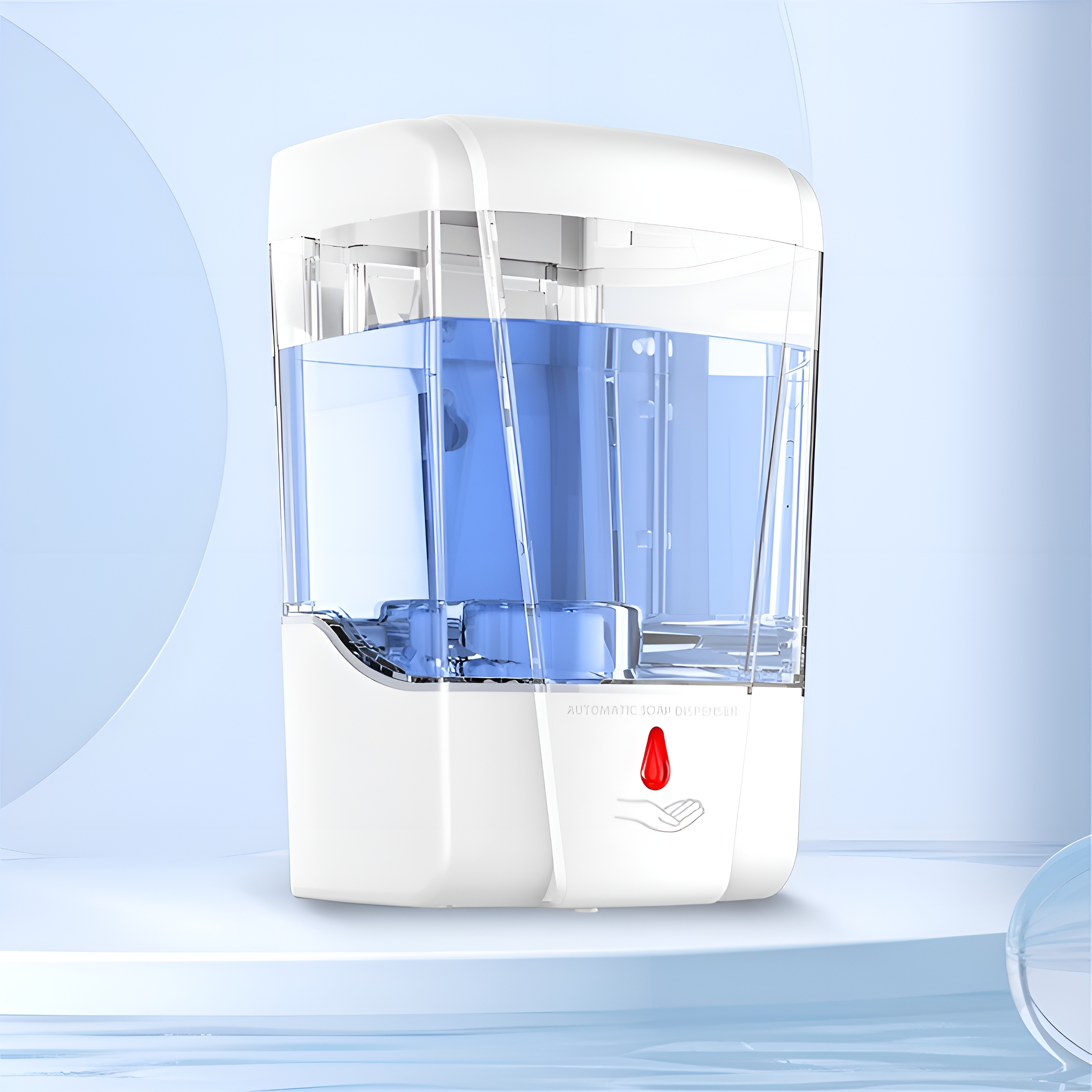 Weißer automatischer Seifenspender mit transparentem Behälter und Handsensor, auf weißer Oberfläche.