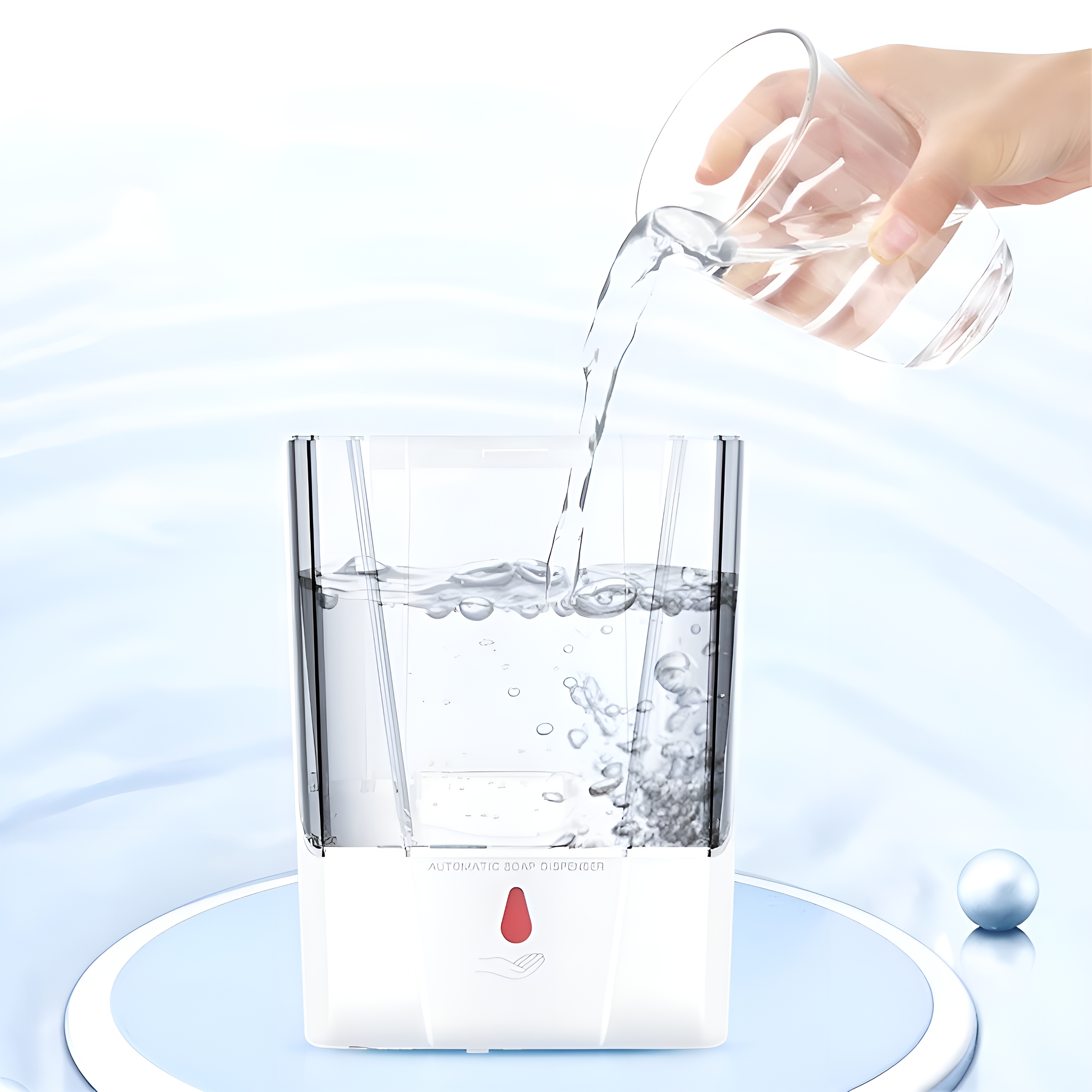 Hand gießt Wasser in einen weißen automatischen Seifenspender auf einer blauen Oberfläche.