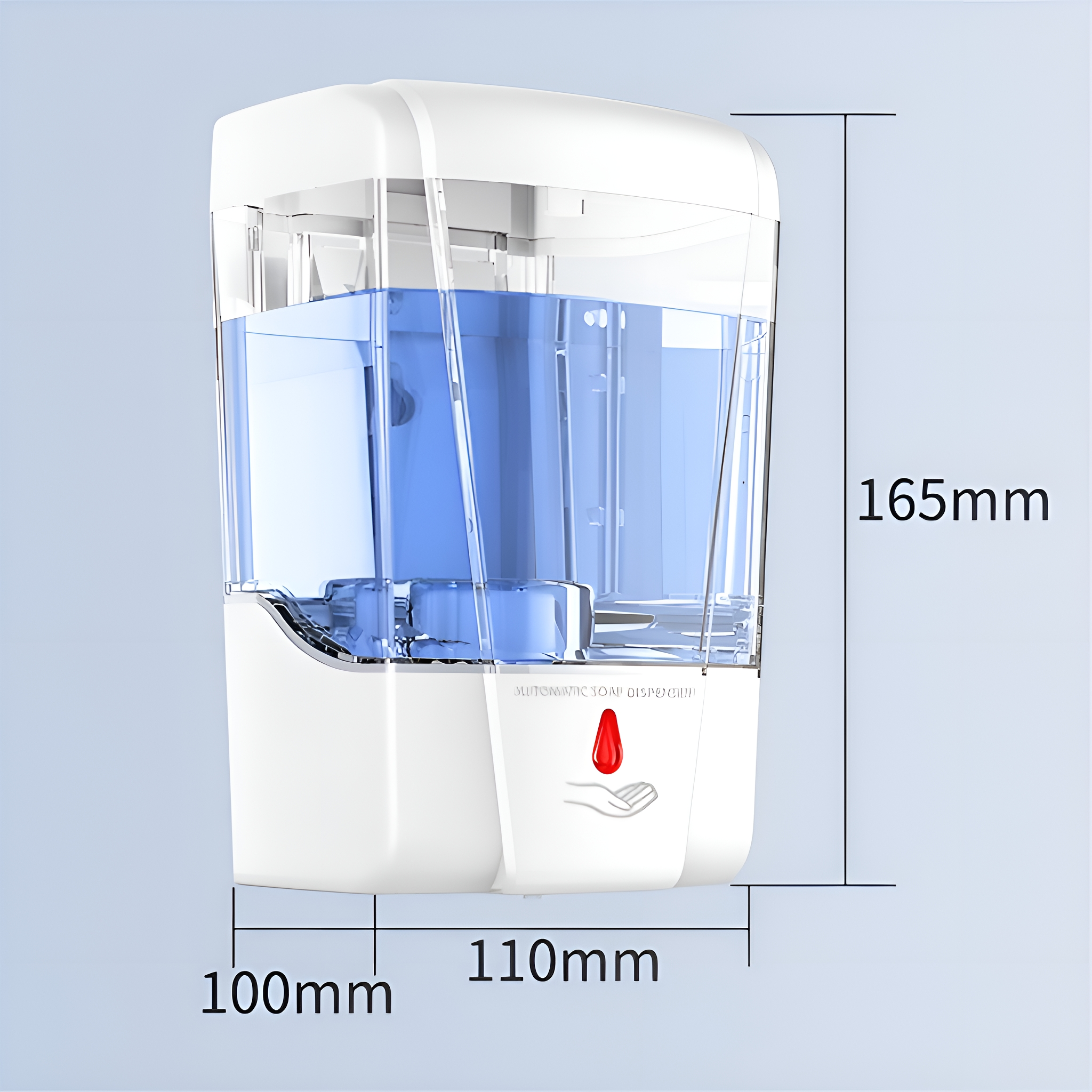 Weißer, automatischer Seifenspender mit klarem Reservoir, das blaue Flüssigkeit zeigt, mit Maßen.