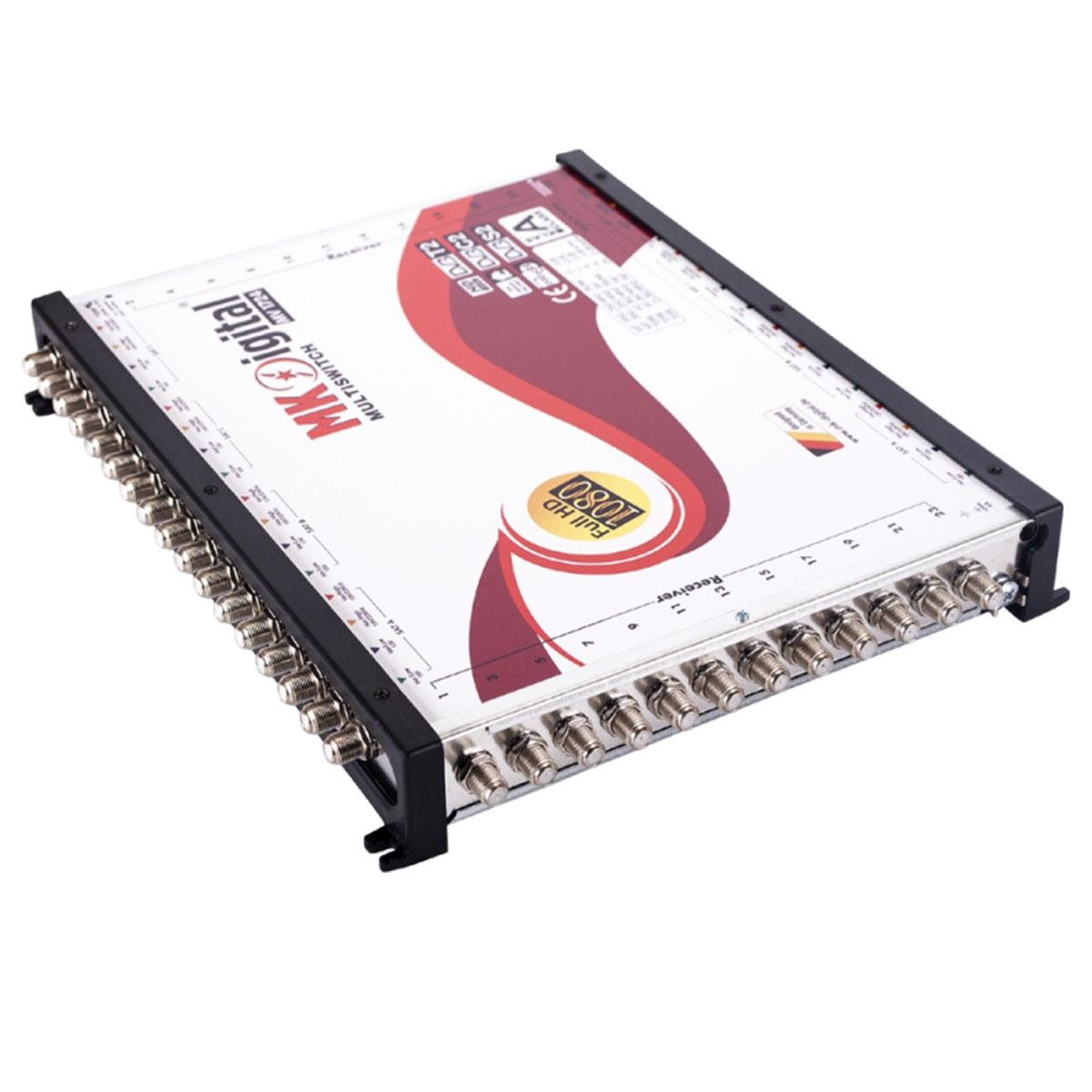 Multiswitch-Gerät mit mehreren Koaxialkabelanschlüssen, Beschriftungen und einer bedruckten Oberseite.
