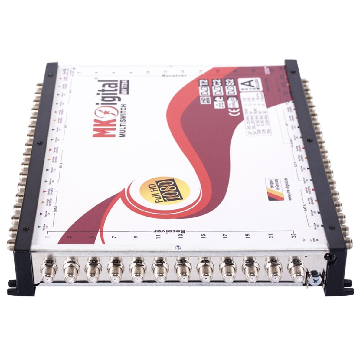 Ein Multiswitch-Receiver mit vielen Eingangsanschlüssen. Silber und schwarz, mit Text und Logos auf der Oberseite.