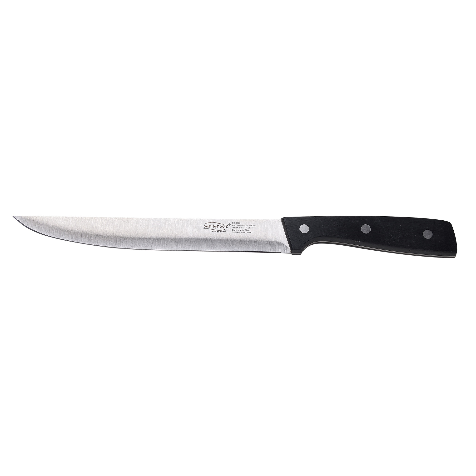 Cuchillo de cocina de acero inoxidable con mango negro, aislado sobre fondo blanco.