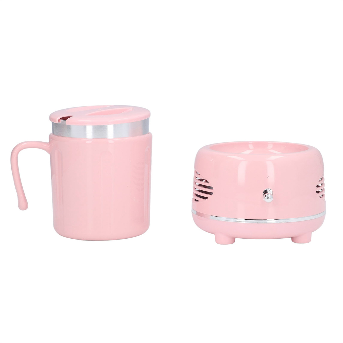 Ein rosa Becher mit Henkel und Deckel neben einem kleinen rosa zylindrischen Kühler.