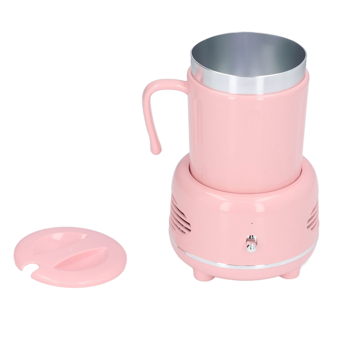 Pinker isolierter Becher mit Griff und Deckel. Er steht auf einem rosa Sockel mit einem Einschaltknopf.