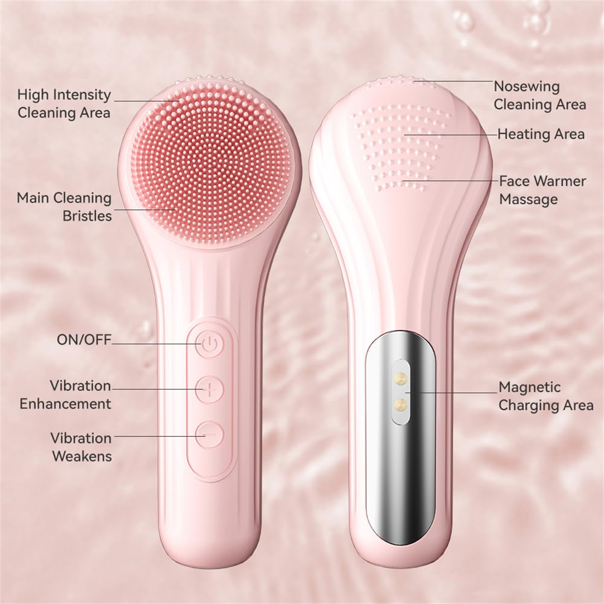 Rosa Gesichtsbürste mit zwei Seiten, Reinigung und Massage.