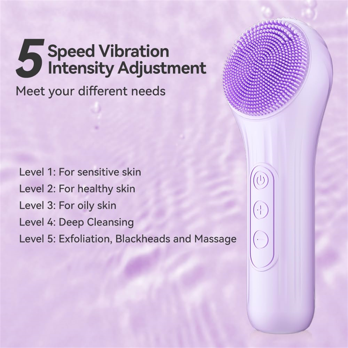 Eine hellviolette Gesichtsbürste mit fünf Geschwindigkeits-Vibrationseinstellungen, mit Beschreibungen für verschiedene Hauttypen.