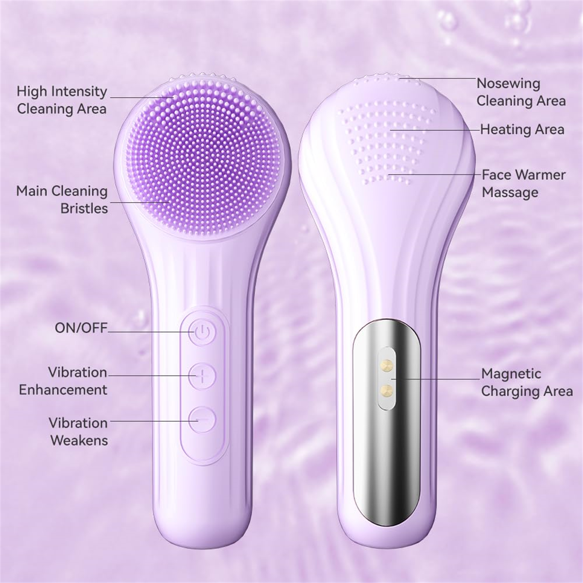 Lila Gesichtsreinigungsbürste mit Beschriftungen, die Funktionen wie Reinigung, Erwärmung und Vibration anzeigen.